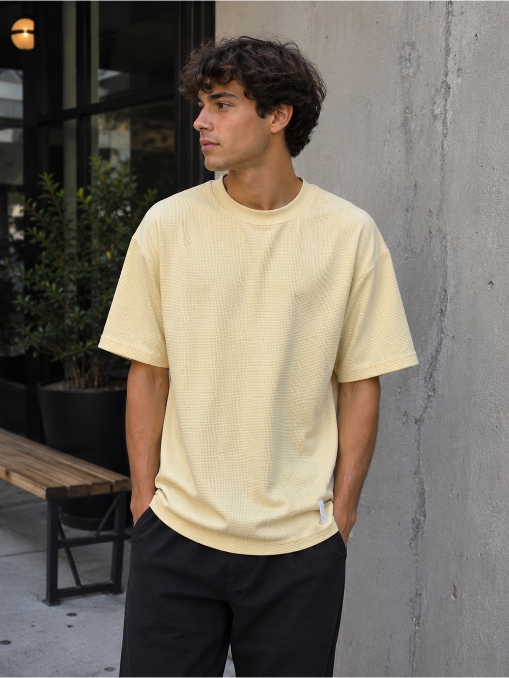 Comfrt Yellow Waffle Crewneck Tee. Medium. NIOP. UNISEX.